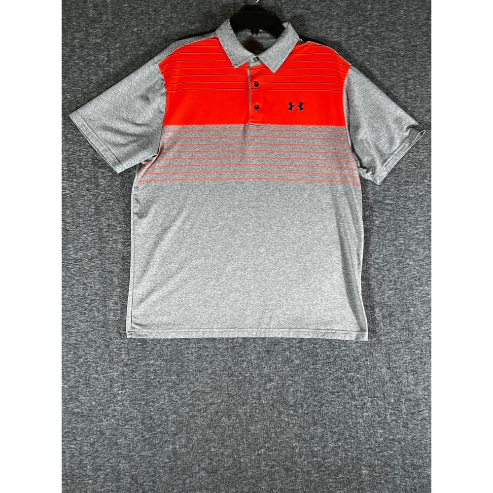 Under Armour Men Playoff Polo Shirt Grey Orange‎ Striped Loose Fit Large LG